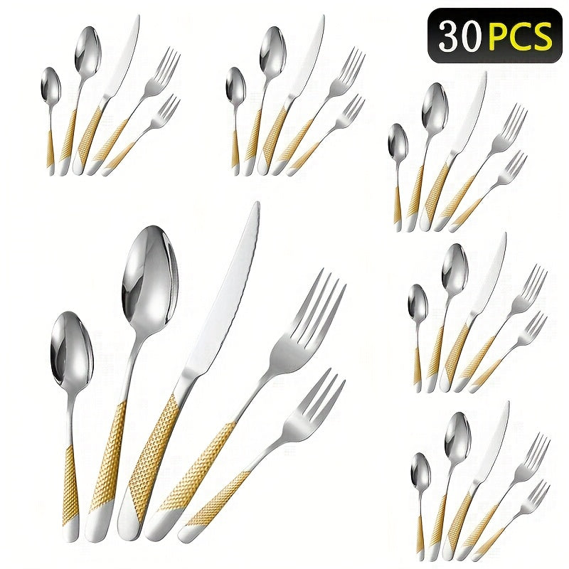 30-piece stainless steel cutlery set for restaurants and hotels, including steak knives, dinner forks, dinner spoons, and dessert spoons.