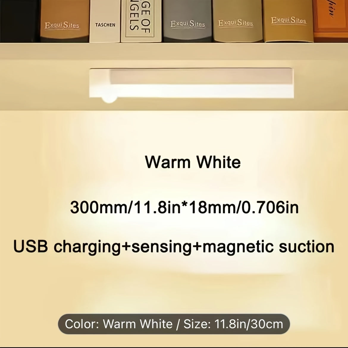 USB rechargeable motion sensor night light with warm and white light options, suitable for under cabinet, kitchen, wardrobe, and more.