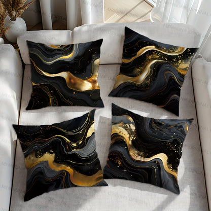 Set of 4 Black and Gold Fluid Painting Pillow Covers, Contemporary Style, 100% Polyester, Home Decoration, 17.71''x17.71''/45cm*45cm