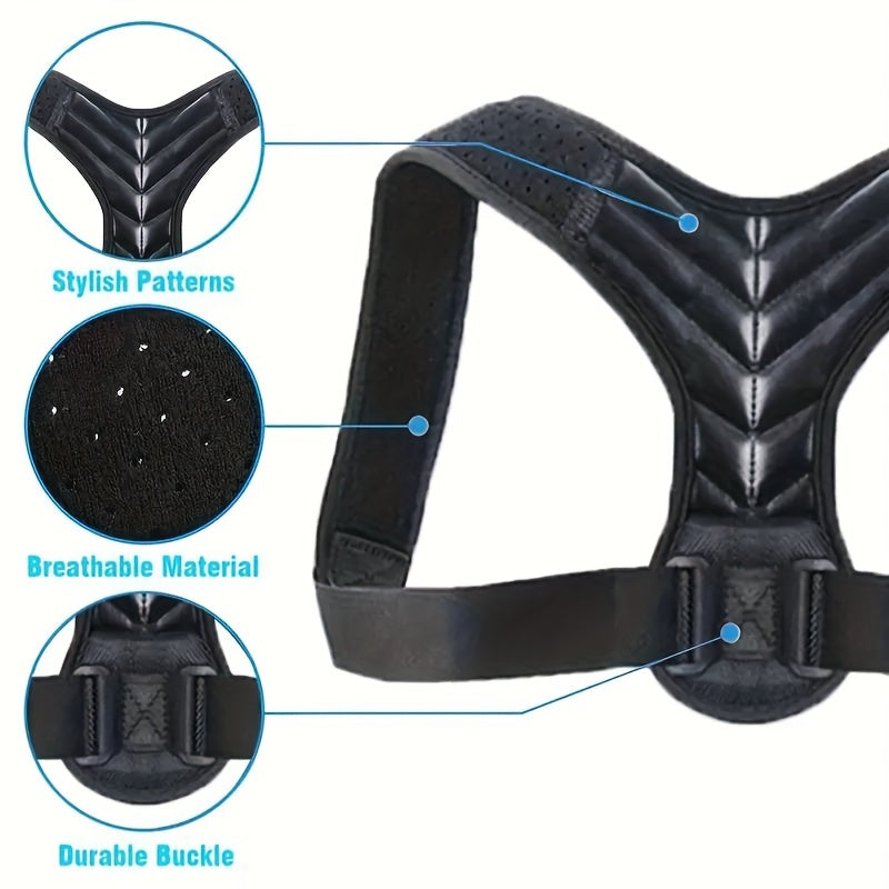 Sleek black posture corrector with adjustable straps for men and women, provides clavicle and lumbar support, made of durable polyester, hand-washable.