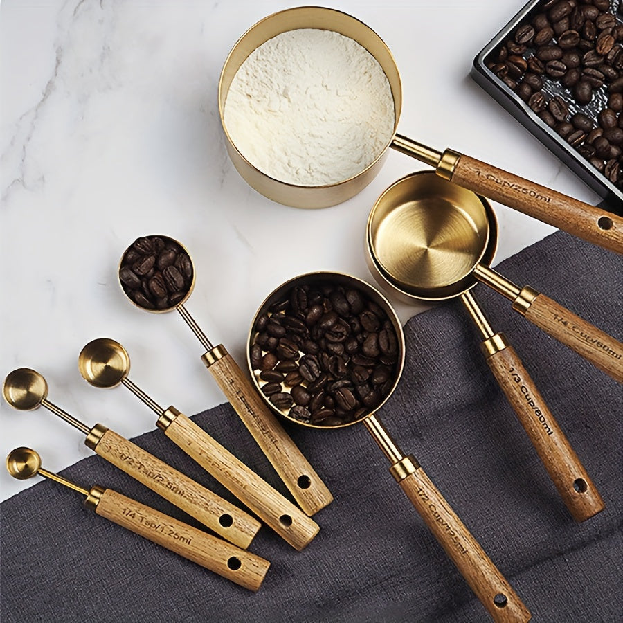 Set of 4 measuring cups and 4 measuring spoons with wooden handles, made of stainless steel. Includes graduated measurements for precise baking and cooking. A must-have tool for any kitchen, perfect for apartments and essential for cooking and baking