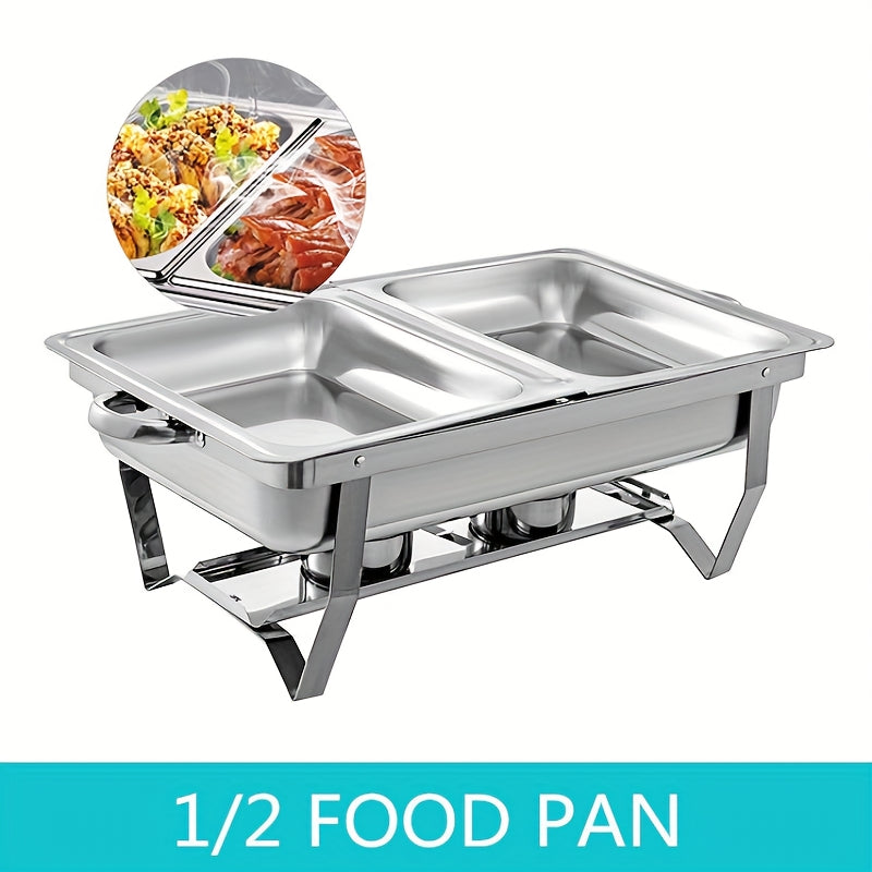 One set of 8QT Stainless Steel Chafing Dishes, includes Full & Half Pans and Foldable Stand. Ideal for Weddings, Parties, Banquets, Catering and Events. Comes with 1 full and 1 half piece.