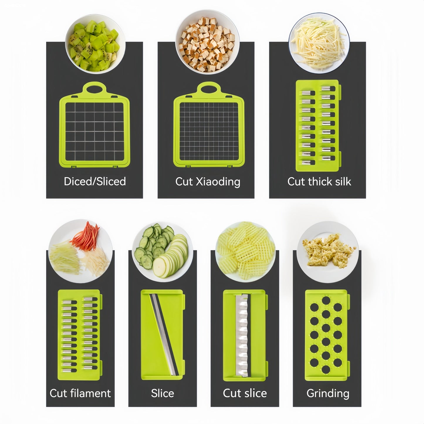 Set of 16 multifunctional vegetable slicers with interchangeable blades, a semi-automatic kitchen gadget designed for shredding potatoes and onions. Includes tools for grating, food processing, and other kitchen tasks.