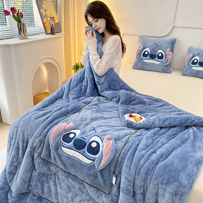 Disney Stitch 2-In-1 Pillow and Blanket Set, Modern Cartoon Theme, All-Season Polyester Woven Blanket, Portable and Multi-Purpose, Ideal for Travel and Office Use in Winter.