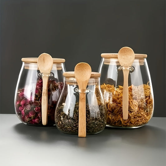 Durable Glass Jar with Wooden Spoon and Lid - Ideal for Storing Coffee Beans, Sugar, Tea, Salt, Candy, Spices, and More - Easy to Hand Wash, Leak Proof, and Reusable