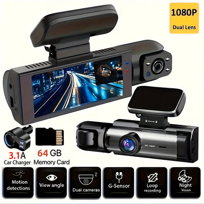 Upgraded driving recorder set with 64G memory card, car mobile phone fast charging, 1080p night vision, alloy sunscreen shell, dual front and interior cameras.