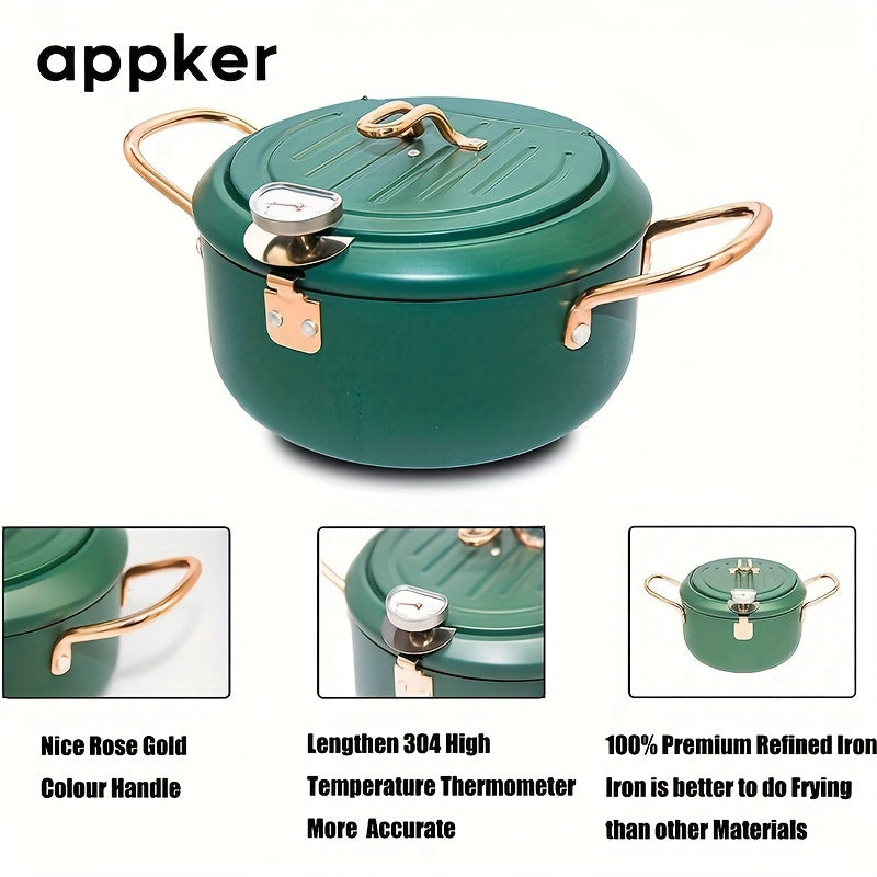 Japanese tempura fryer for easy frying, featuring a Fahrenheit thermometer and non-stick carbon steel construction. Ideal for tempura, chicken, fish, and shrimp. This large green pan is easy to clean and comes with a lid and oil drip drain rack. Perfect