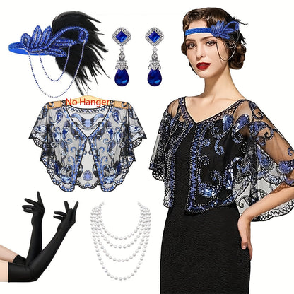 Women's Gatsby Costume Set - 1920s Flapper Accessory Kit Featuring Headband, Sequined Shawl, Beaded Earrings, Faux Pearl Necklace, Evening Satin Gloves. Perfect for Roaring 20's Parties, Weddings, and Retro Fashion Events.