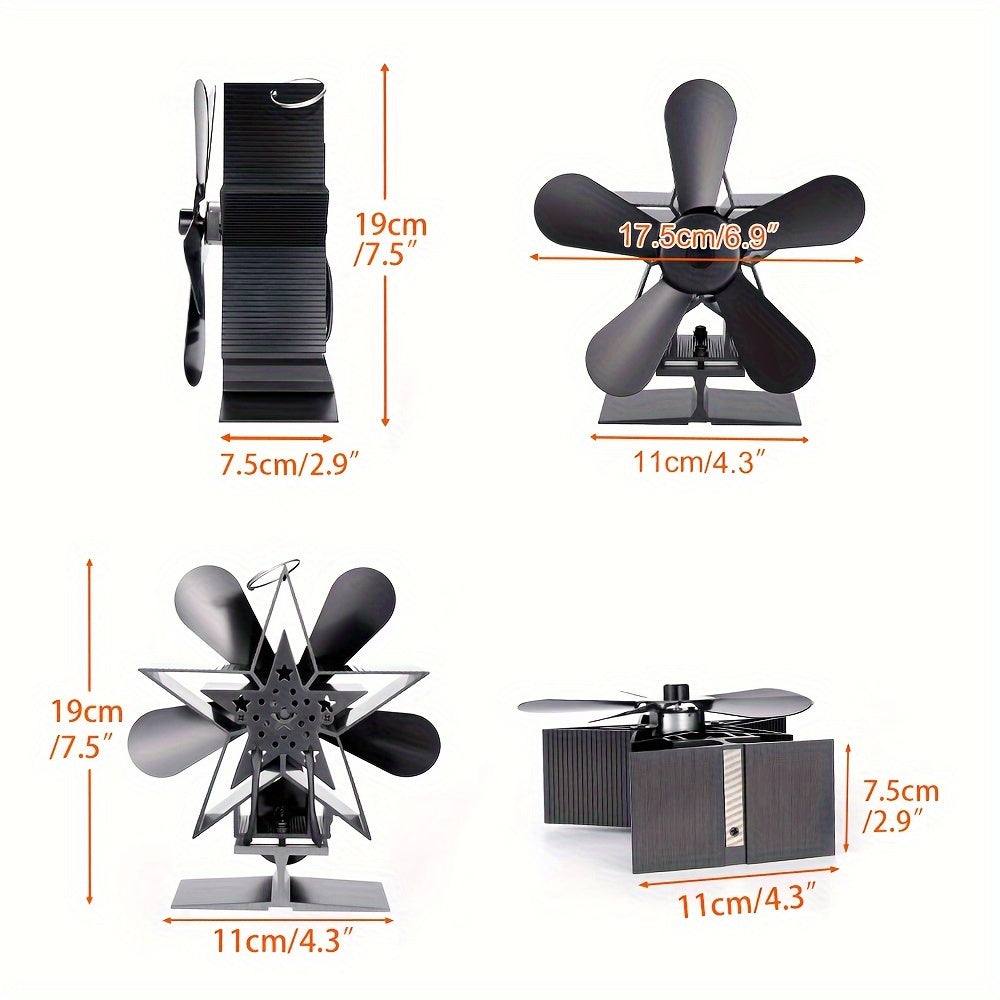 One piece of 4/5 blades fireplace fan with thermal power, produces quiet sound, saves energy, mounts on wall to circulate air in household, efficient heat dissipation, does not require electricity.