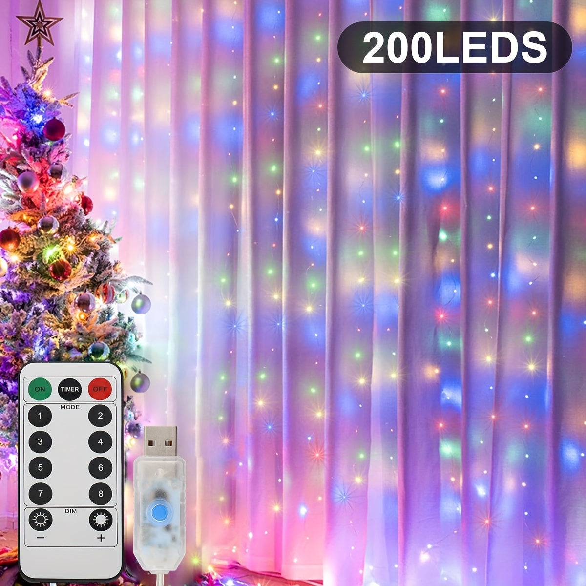 300/200/100 LED Curtain String Lights, 8 Modes, USB Plug In, Copper Wire Lights for Bedroom Window, Halloween, Christmas, Wedding Party.