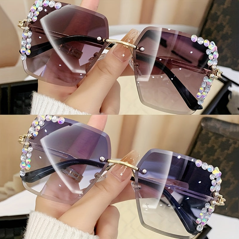 2 rhinestone rimless fashion glasses for women with gradient lenses, metal frames, and casual yet fashionable design.