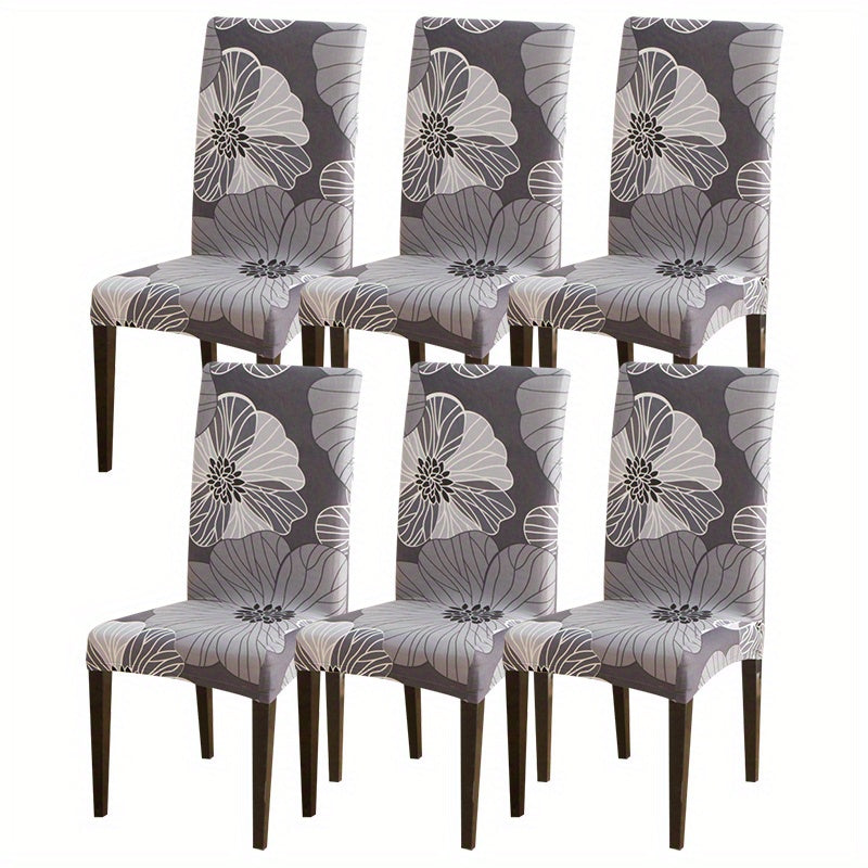 Printed stretch chair slipcovers in 4 or 6 pieces, ideal for dining chairs in various settings.