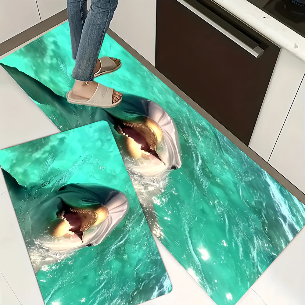 Dive into the ocean with the 1pc Vibrant Shark Ocean Scene Kitchen Mat! This non-slip and comfortable polyester standing mat is perfect for living rooms, bedrooms, gaming areas, bathrooms, and more. Machine washable for easy cleaning, this mat features a