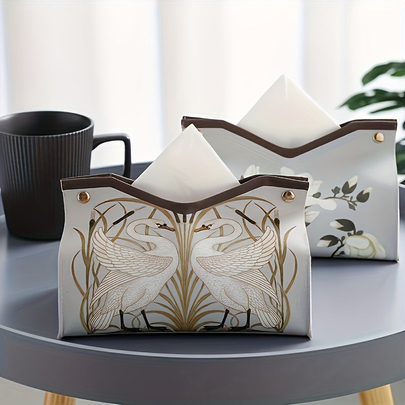 PU leather tissue box with floral print, suitable for bathroom or living room décor.