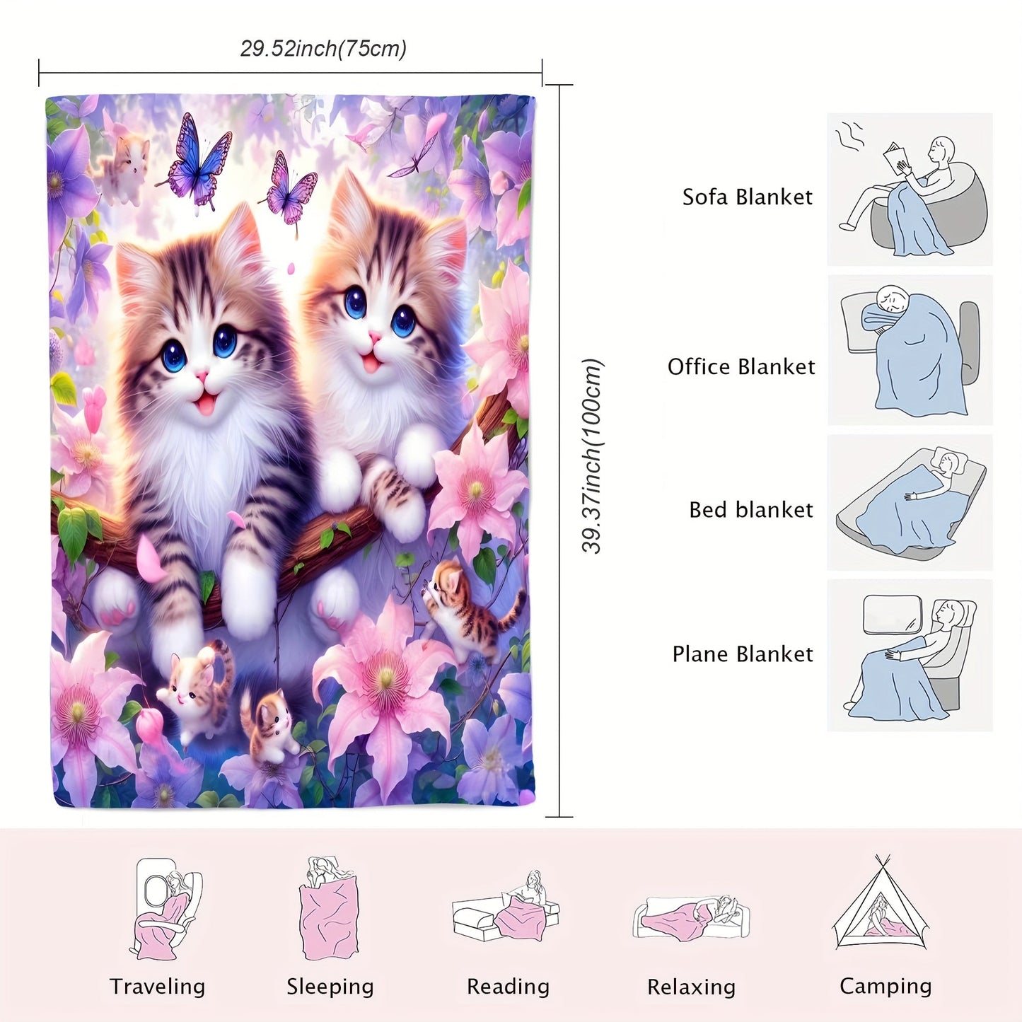 Soft and cozy plush throw blanket featuring a cute cat print design. Made of knitted flannel polyester, this all-season blanket is perfect for home, kitchen, bed, picnic, travel, and makes a great Christmas gift. With a contemporary style and weighing