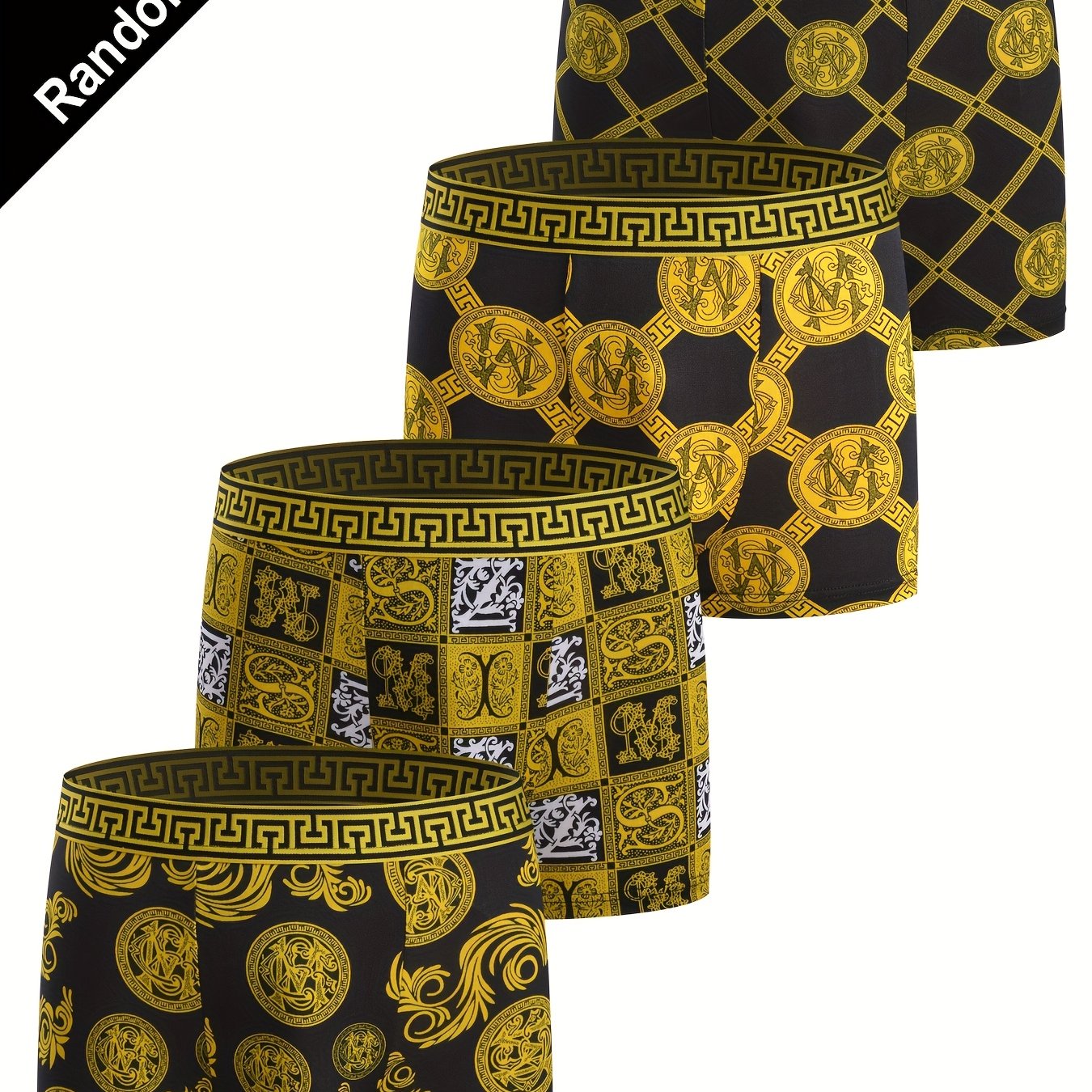 Breathable and soft men's black and golden boxer shorts with stylish design, elastic and comfortable for casual wear.