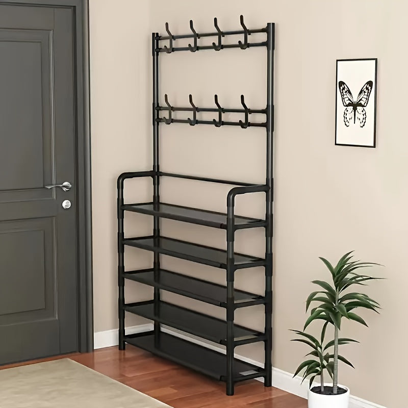 Create a Stylish and Organized Entrance with the [Modern Charm] Black Metal Entryway Organizer - 152.4cmxMJ Coat Rack Featuring Hooks & Shoe Shelves. Made from Durable Zinc Alloy with a Bubble-Free Finish, Perfect for Storing Clothes, Hats, Bags, and