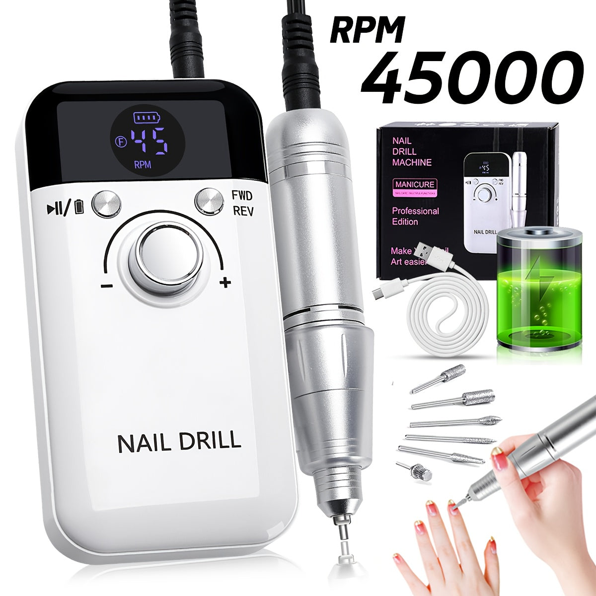 45000RPM Nail Polisher with Digital Display, Portable Wireless Gel and Nail Polish Polishing Machine for Manicure Salon.