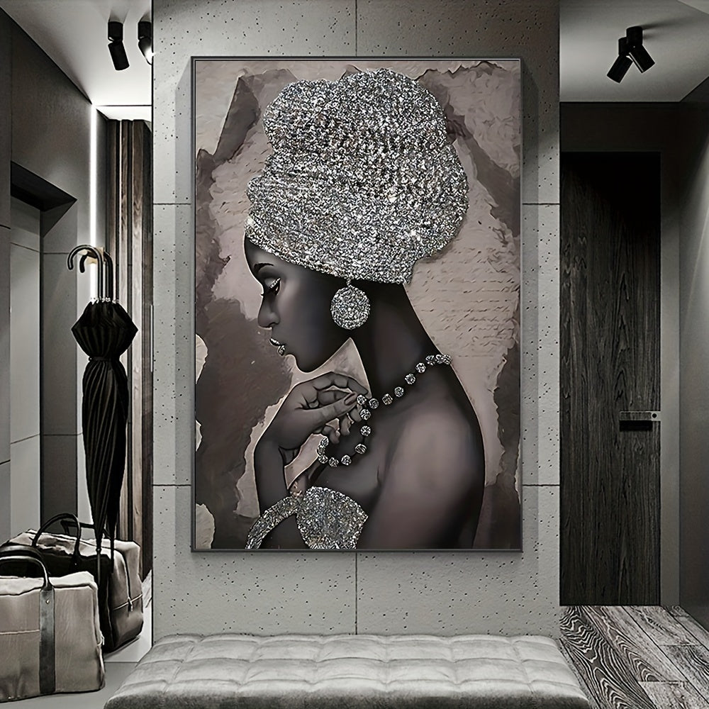 Abstract canvas painting featuring a silvery glitter embroidered African woman, ideal for home or office wall decor. Frame not included.