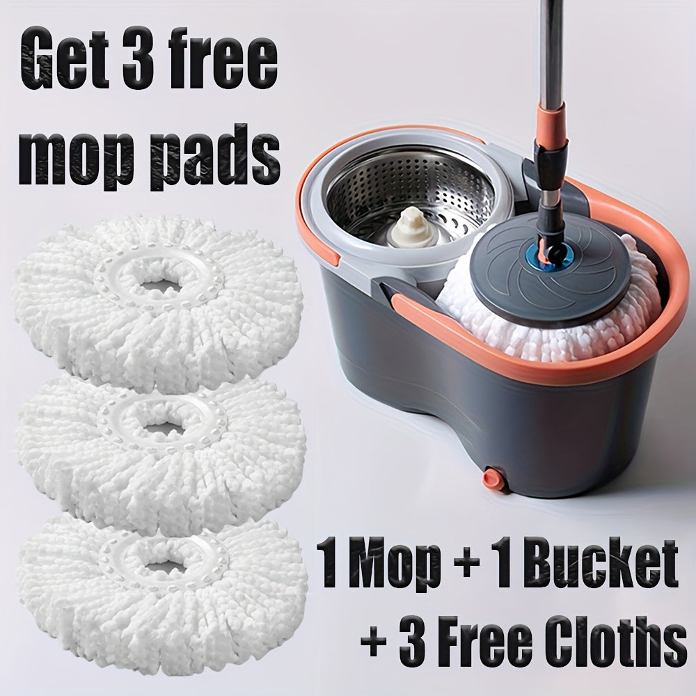 The Spin Mop and Bucket Set includes 3 replacement heads and features stainless steel construction. It can be used for both wet and dry cleaning on hardwood, tile, and marble floors. The easy water separation system ensures efficient cleaning.