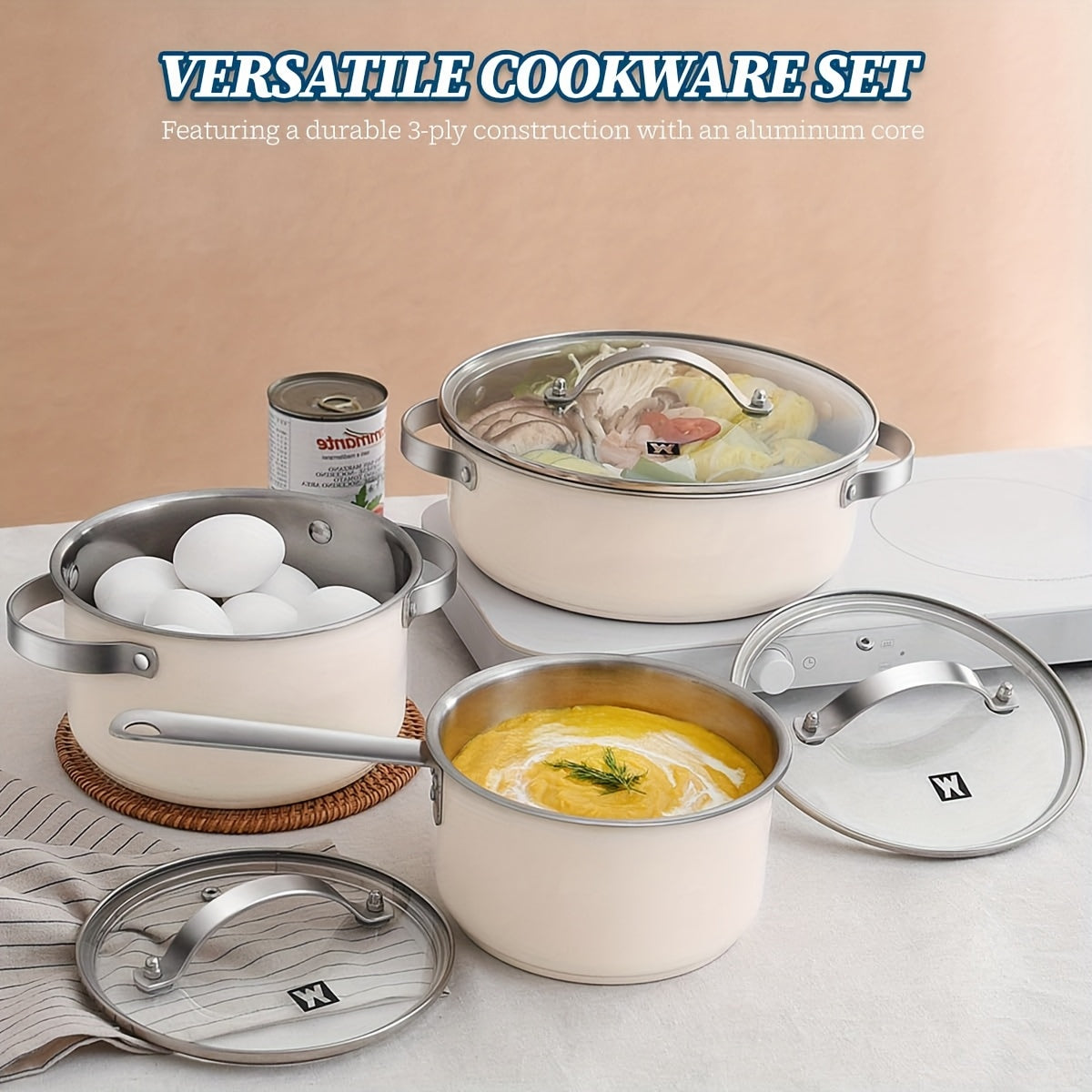 Set of 3 WAGENSTEIGER Stainless Steel Cookware featuring Ceramic Finish - includes Saucepan, Hot Pot, and Soup Pot with Thickened Composite Base. Suitable for use on Induction & Electric Stoves, adding an Elegant Touch to your Kitchen Decor.