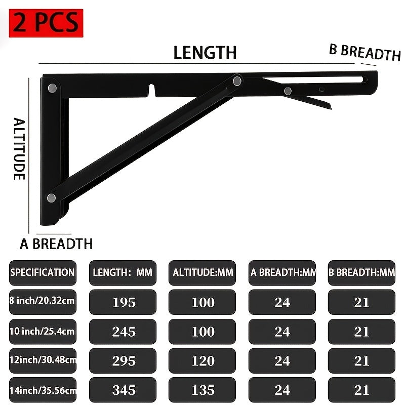 2pcs Heavy-Duty Stainless Steel Foldable L-Shaped Brackets for Space-Saving Triangle Support Shelves.