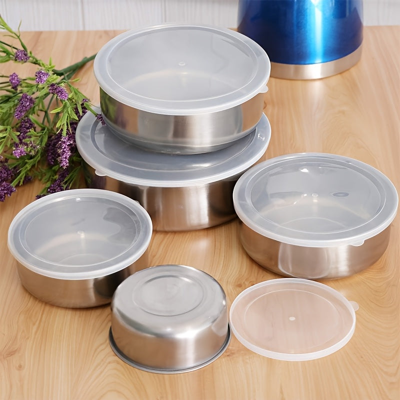 5 stainless steel storage containers with clear lids for home and kitchen organization.