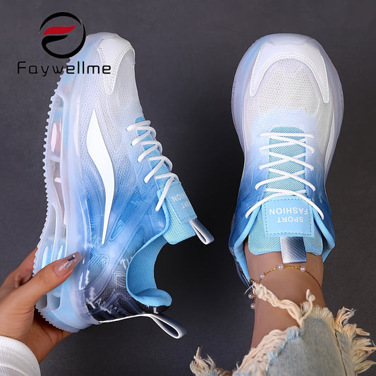 Faywellme Breathable Mesh Sneakers: Lightweight casual sports shoes with jelly sole in blue and white gradient, lace-up low tops for all seasons.