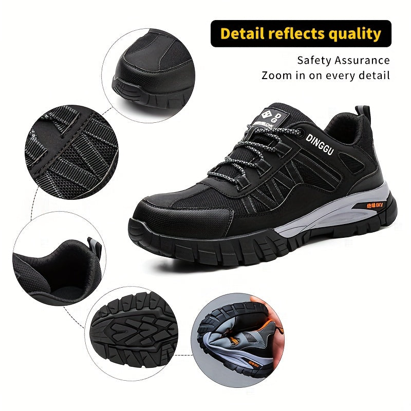 Durable steel toe work shoes with puncture-proof, non-slip and shock-absorbing features.