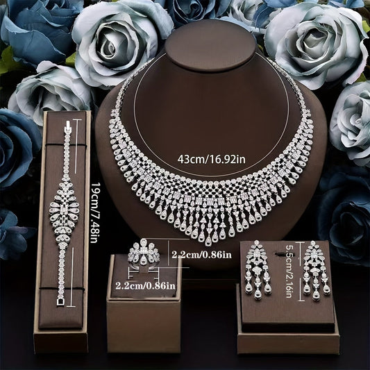 Extravagant 4-Piece Jewelry Set with Cubic Zirconia - White Gold Plated, Ideal for Weddings and Getaways