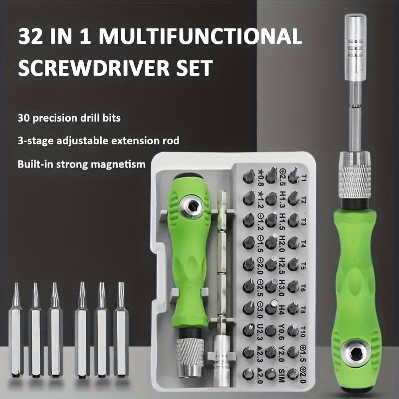 32-in-1 manual screwdriver and pliers set for electronic repair.