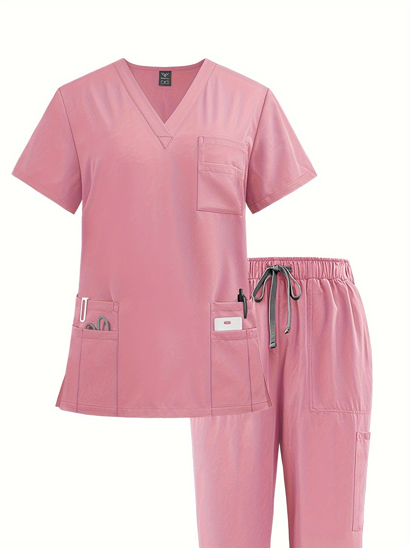 Premium polyester spandex scrubs set with V-neck shirt and straight-leg pants for nurses and surgeons.