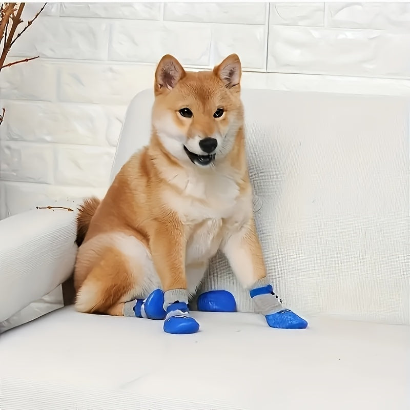 Waterproof dog socks with anti-slip rubber sole for all size pets, adjustable strap, durable polyester material. Perfect for outdoor use on hardwood floors. Reflective dog boots for safety.