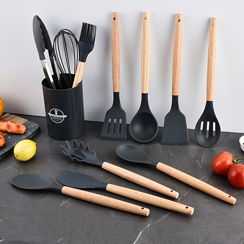 12-piece silicone cooking utensil set with non-stick spatula and spoon, featuring lightweight wooden handles for baking and cooking.