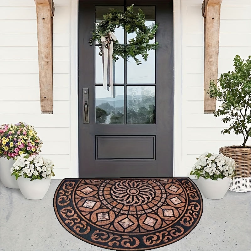 Add a touch of elegance to your entryway with our chic semi-circular front door mat. This chunky, durable mat is stain-resistant and features a non-slip back, making it perfect for use on entrance carpets in your porch or interior spaces. Elevate your