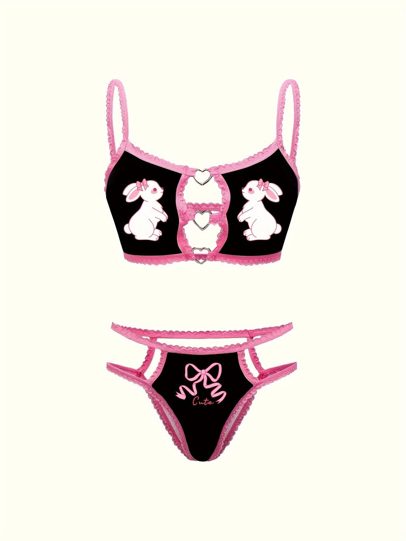 Pink lace set with cute rabbit print bra and panties.