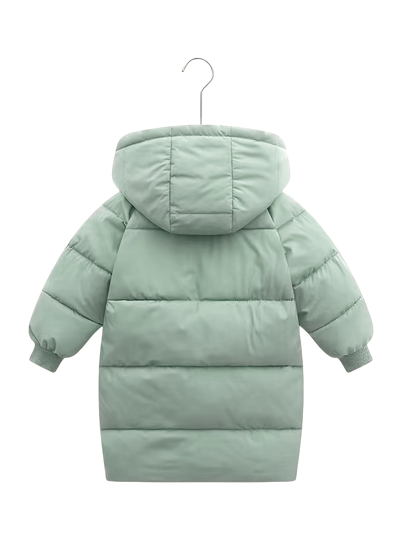 Kids' mid-length hooded coat made of 100% windproof polyester for warmth in fall/winter. Casual style with zipper and regular fit. Solid color raglan sleeves and thick material.