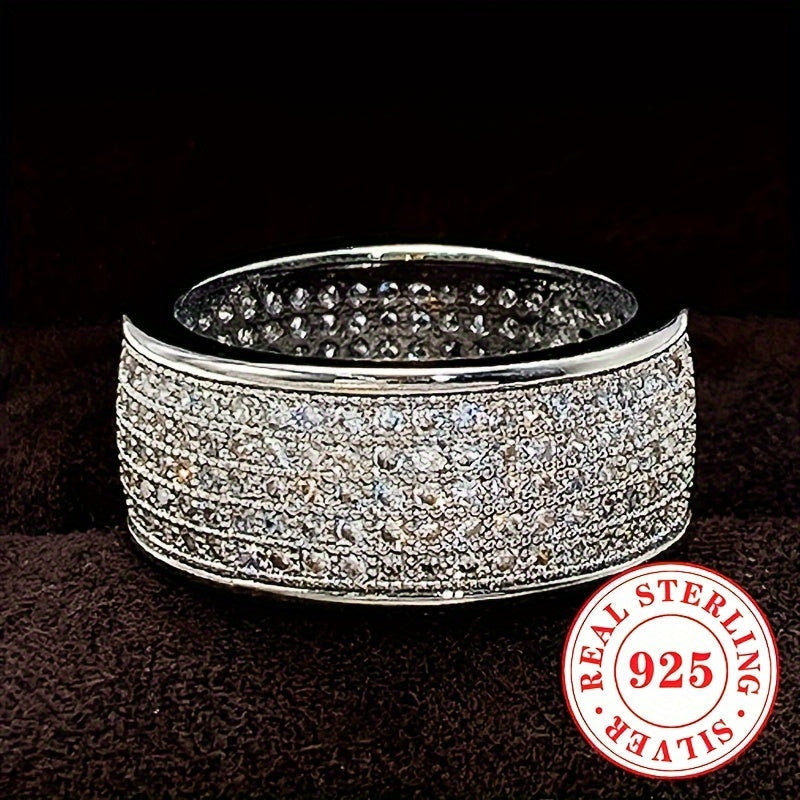 Elegant Wide Sterling Silver Ring for Women, Featuring 6.9 Grams of 925 Silver and Sparkling Zirconia, Perfect for Weddings and Special Occasions.