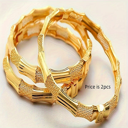 Luxurious Arabian Fashion Cuff Set with Stunning Copper Bamboo Segment Design | Set of 2 | Shimmering Yellow Finish Perfect for any Occasion| Ideal Valentine's Day Present | Timeless and Versatile Piece | No need for Plating