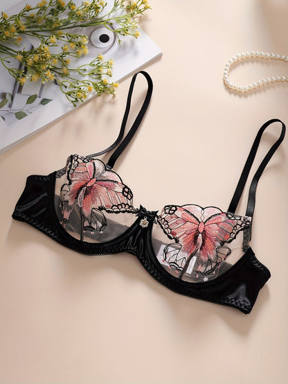 Sophisticated butterfly lingerie set with sheer mesh and embroidered details, includes underwire bra and thong in breathable fabric, hand washable.