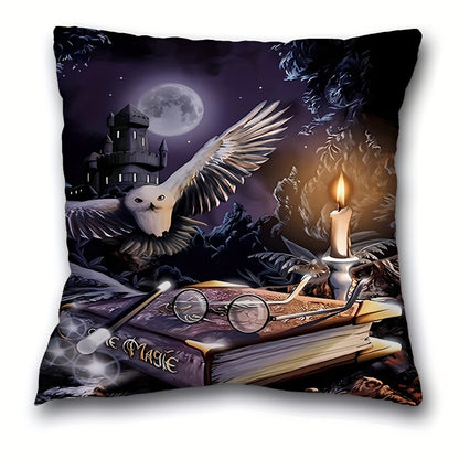 French-style owl and castle design pillow case, 44.96cm x 44.96cm, machine washable knit fabric, zipper closure, polyester, for living room decor. Animal-themed home accent (pillow insert not included). Cute pillows.