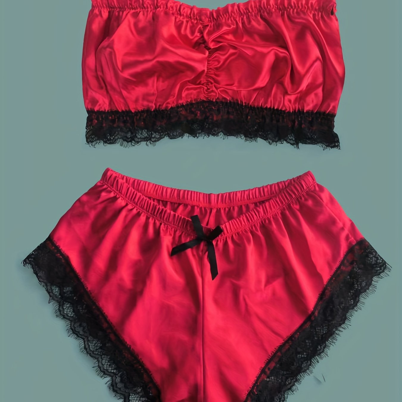 Women's sleepwear with lace trim pajama set and satin tube tops with shorts.