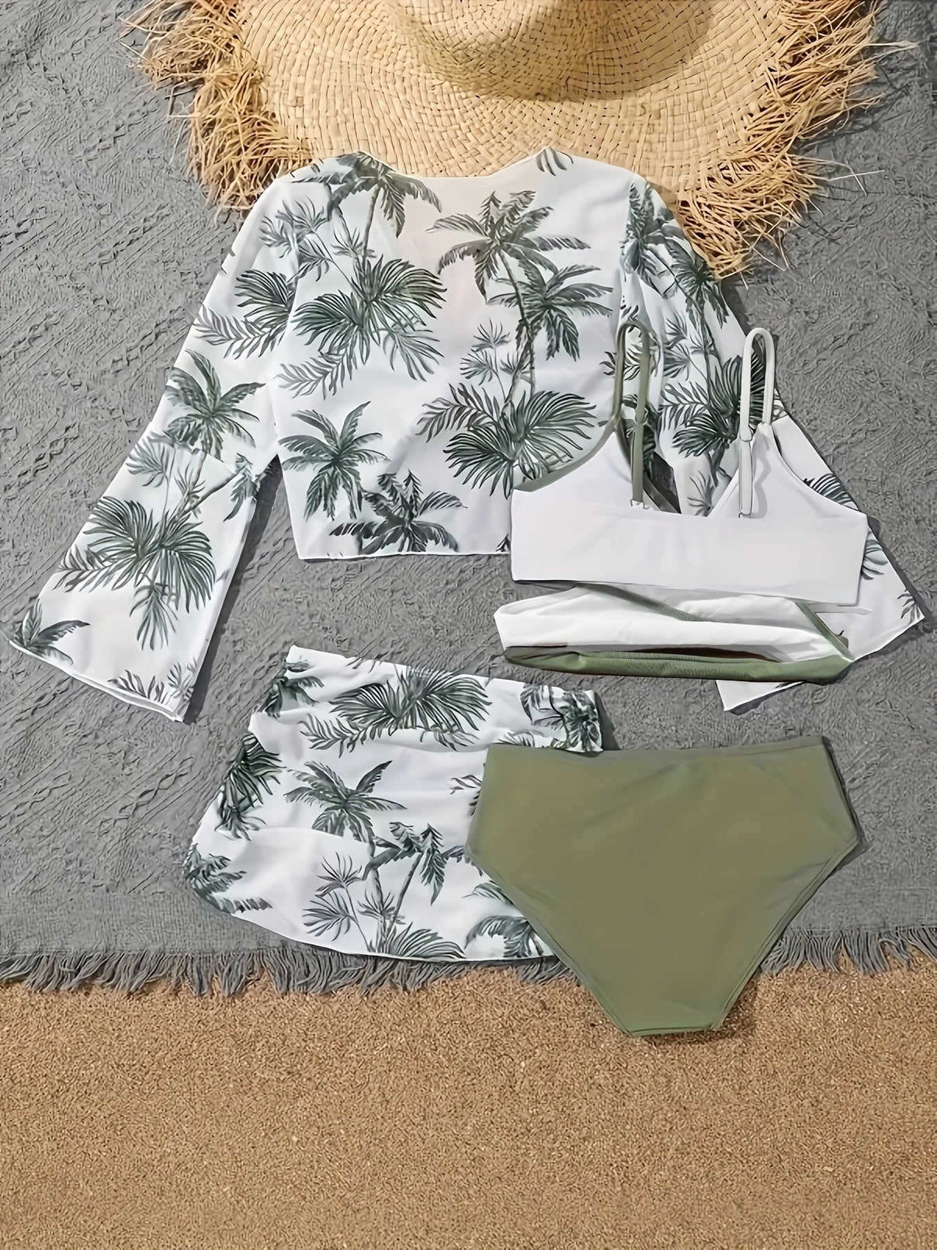 Coconut Tree Print 4-Piece Bikini Set with Layered Top, High Cut Panty, Cover Up Shirt, and Skirt Swimsuit - Women's Swimwear & Clothing