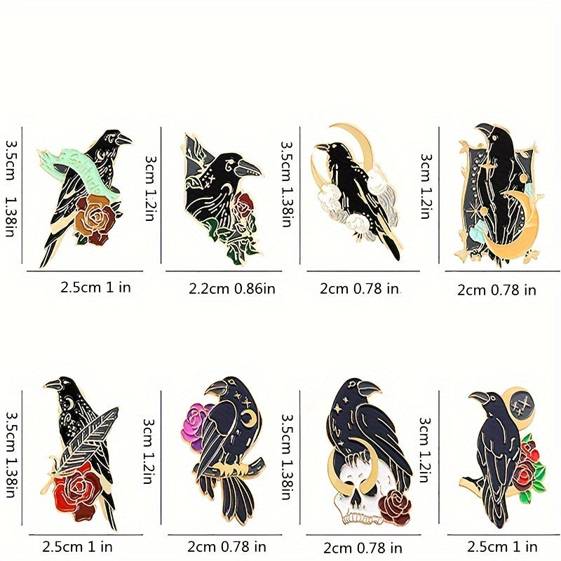 Gothic Style Brooch Set of 10 Black Crow Enamel Pins for Backpacks, Shirts, and Denim Bags