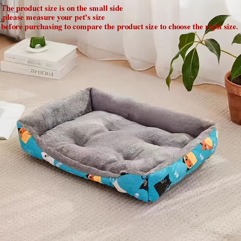 Rectangle pet bed with blue cartoon design, soft and comfortable for small to medium breeds. Made with polyester fiber fill.