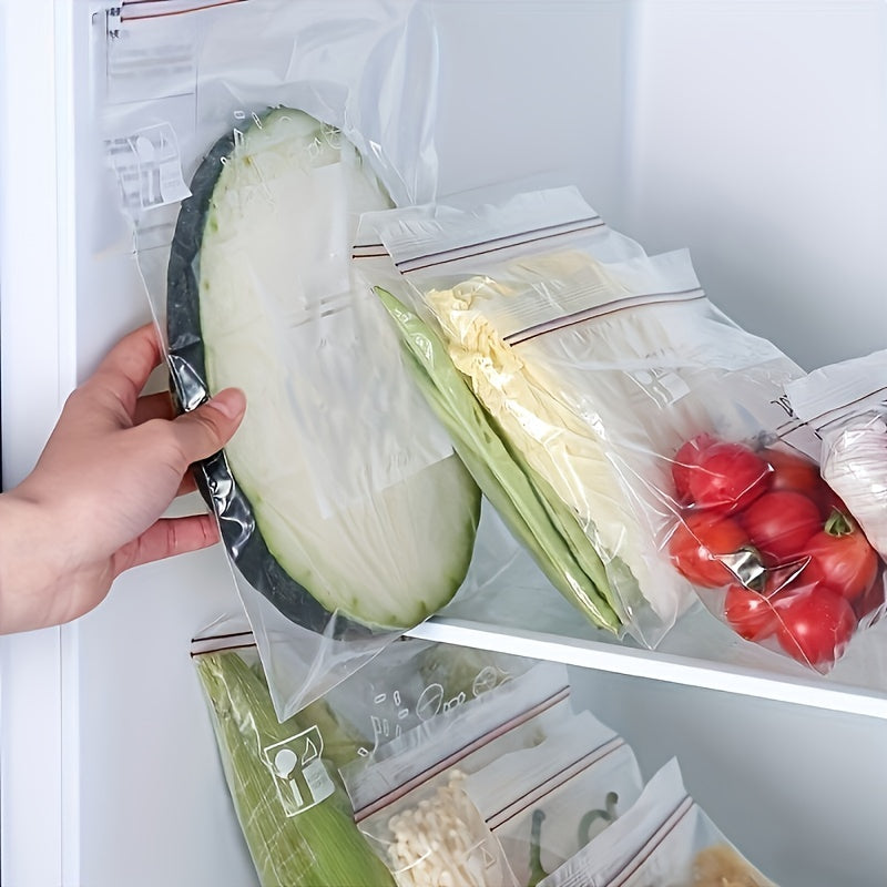 Double Sealing Strip Food Storage Bags in quantities of 15, 20, 30, 65, 130, or 195 pieces. These Double Zipper Bags are transparent and perfect for storing fruits, vegetables, grains, and other kitchen supplies. The Sealed Bags are leak-proof and