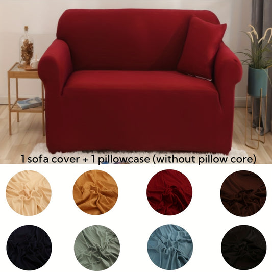 Solid color sofa cover with one cushion cover (insert not included) is stretchy and suitable for all seasons, perfect for home decoration.