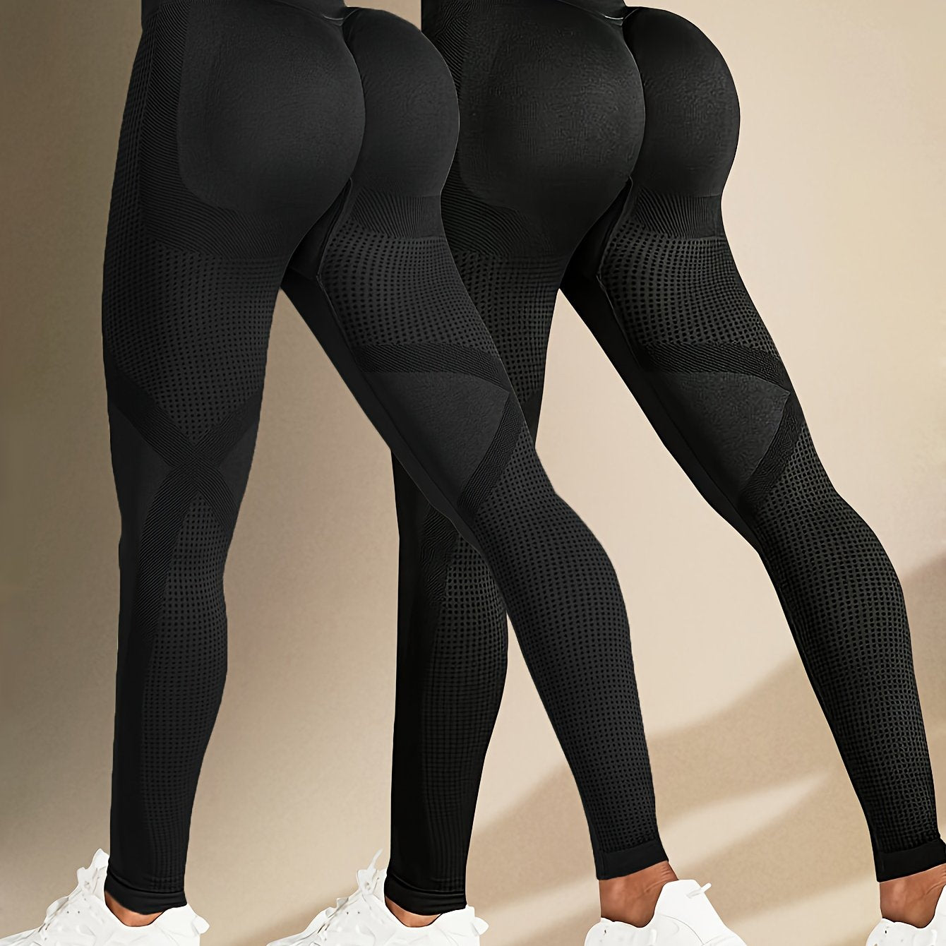 Abdominal control, pleated fitness yoga leggings in two solid colors. Made of high-elasticity polyamide and elastic materials. Ideal for women's activewear and exercise in all seasons.