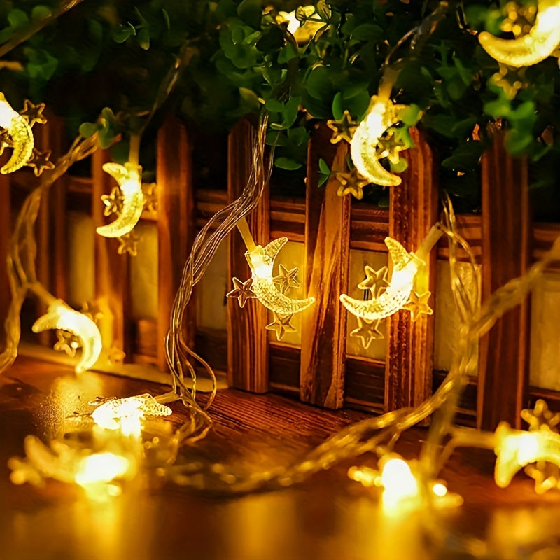 LED Moon and Star String Lights with switch control, battery-powered for wedding and home decor creating a festive atmosphere.