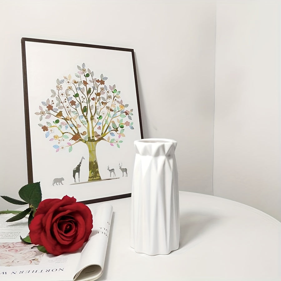 Contemporary Nordic-style plastic vase with ceramic appearance, ideal for home decor and dining. Great for artistic party accents.